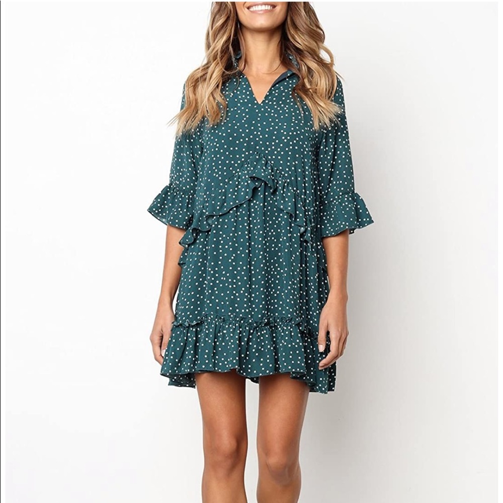 MITILLY Green Polka Dot Ruffle V-Neck Dress XL